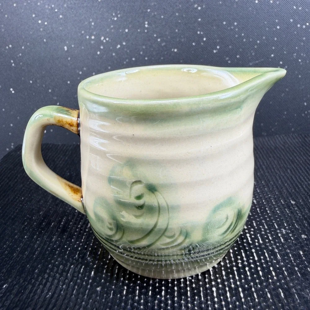 Tsuboya Ware Yachimun Japanese Pottery Creamer and Saucer Set Fish Design 3in